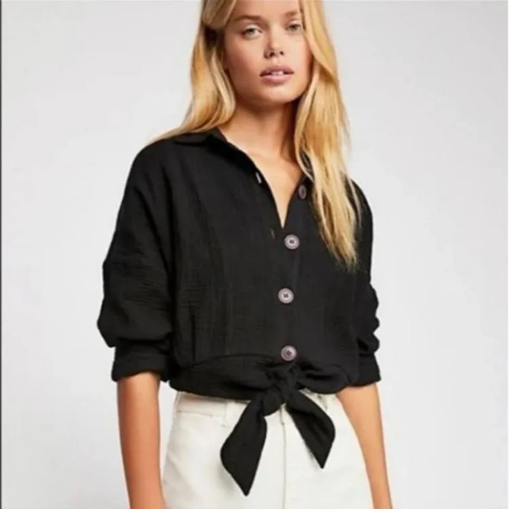 Free People Sunstreaks Tie Front Long Sleeve Shirt black brown buttons small